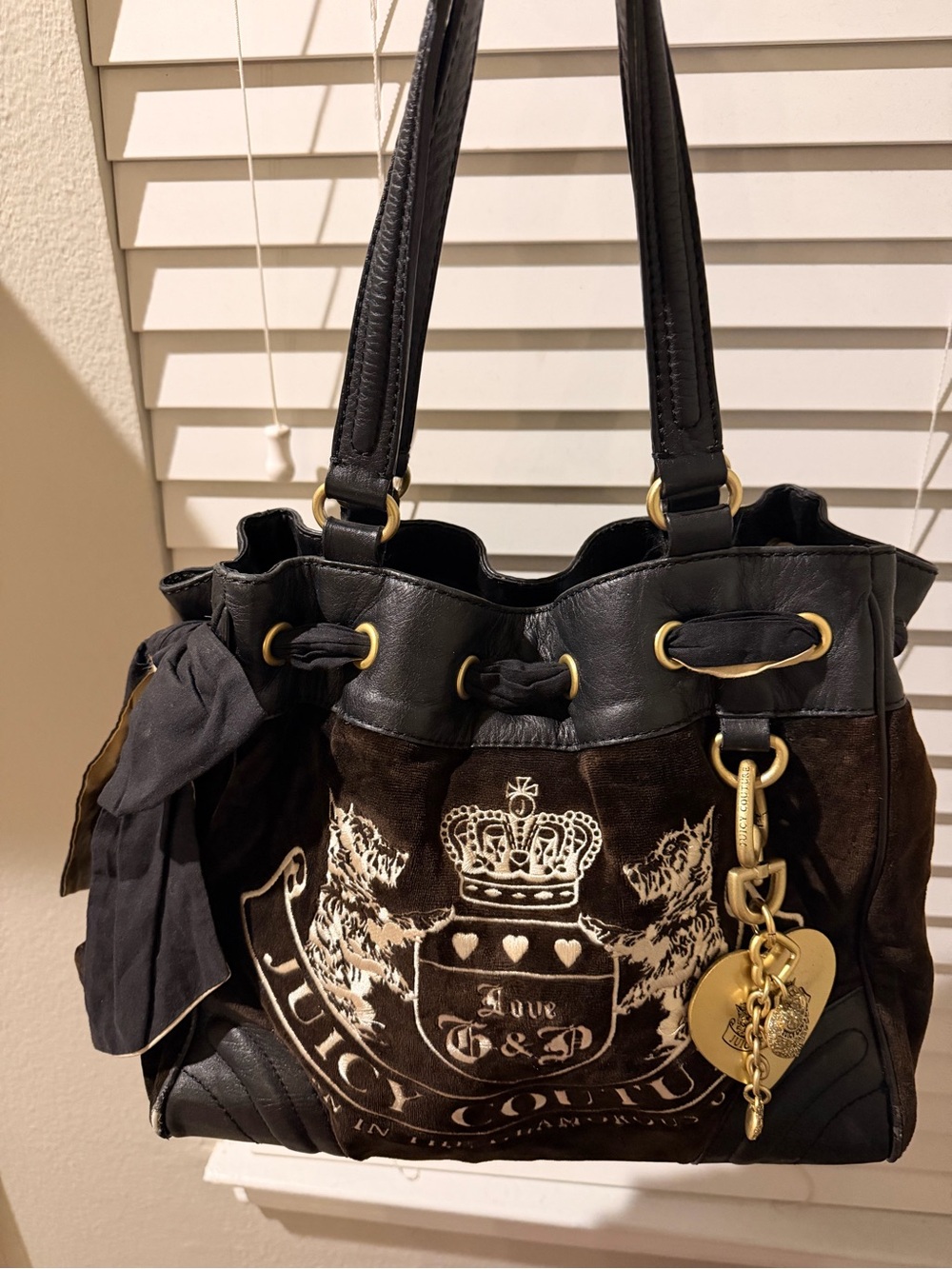 Juicy Couture Black & Brown Logo Shoulder Bag with Gold Charm